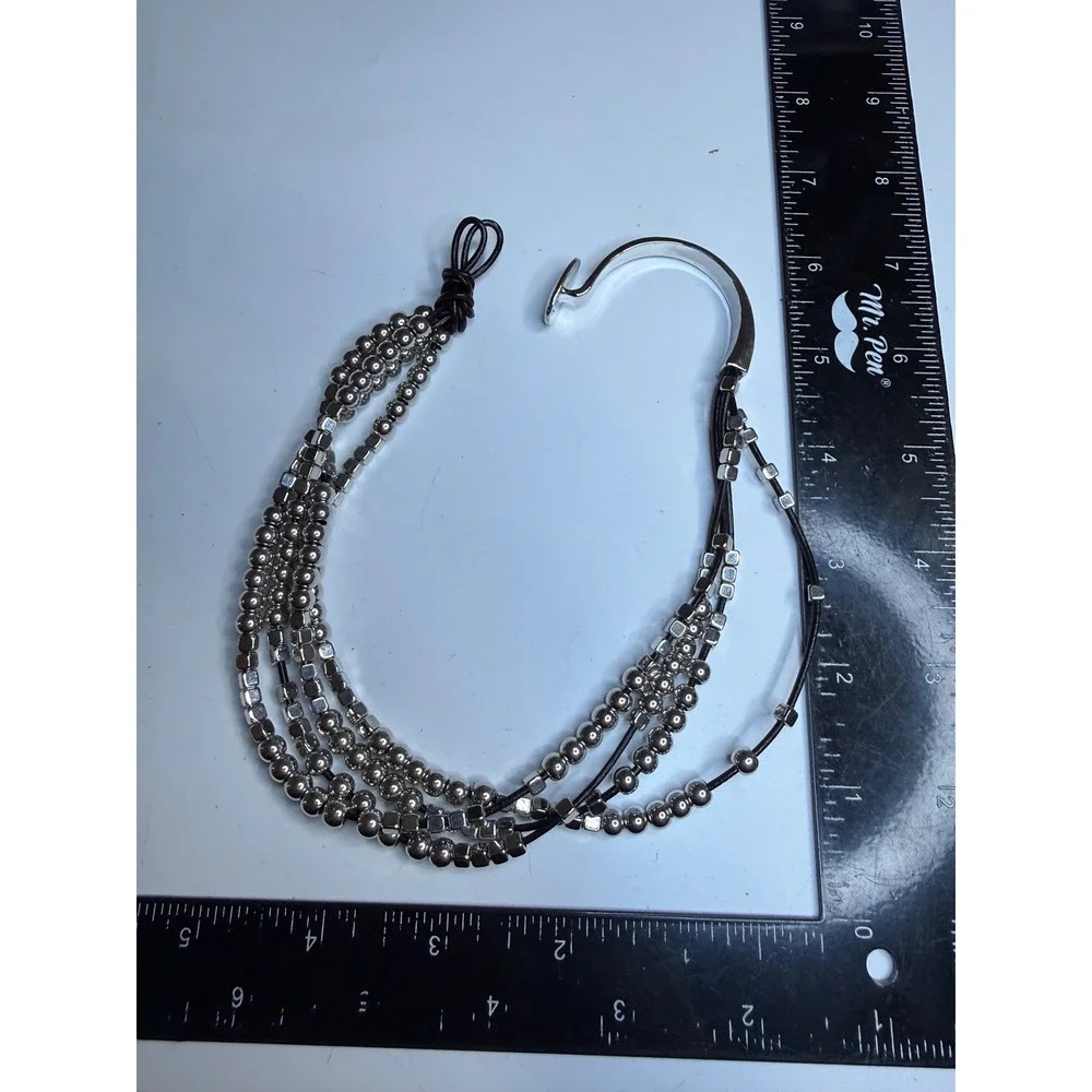 Silver Tone Multi Strand Beaded Leather Wrap Bracelet with Hook Clasp